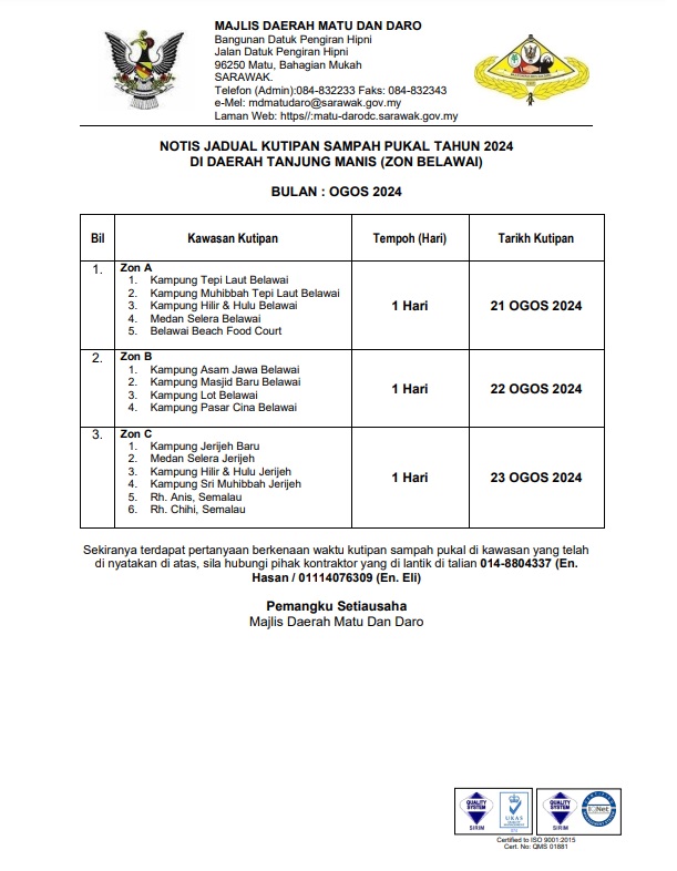 JADUAL KUTIPAN SAMPAH PUKAL OGOS 2024 - BELAWAI