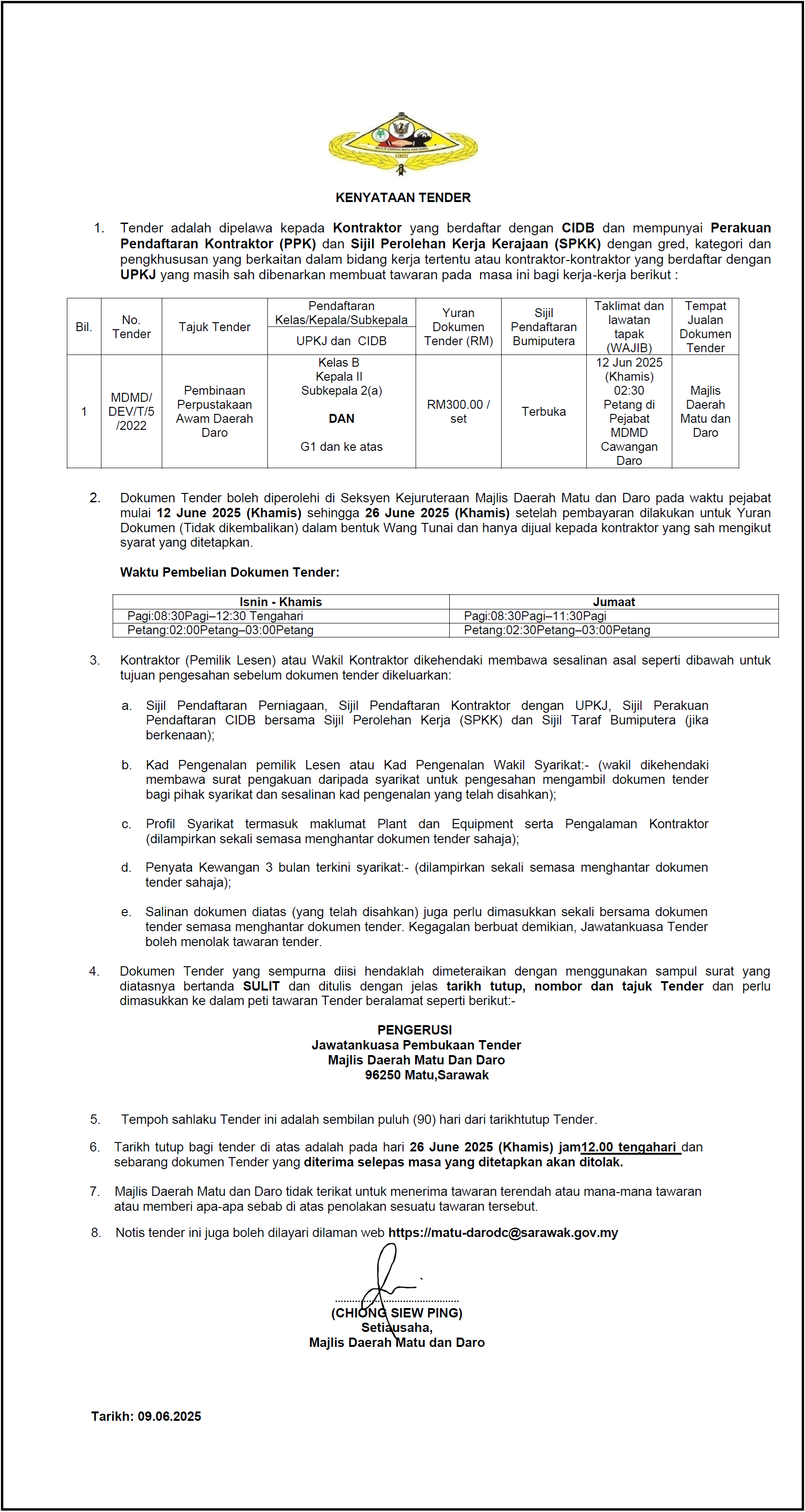 KENYATAAN TENDER 09.06.2025