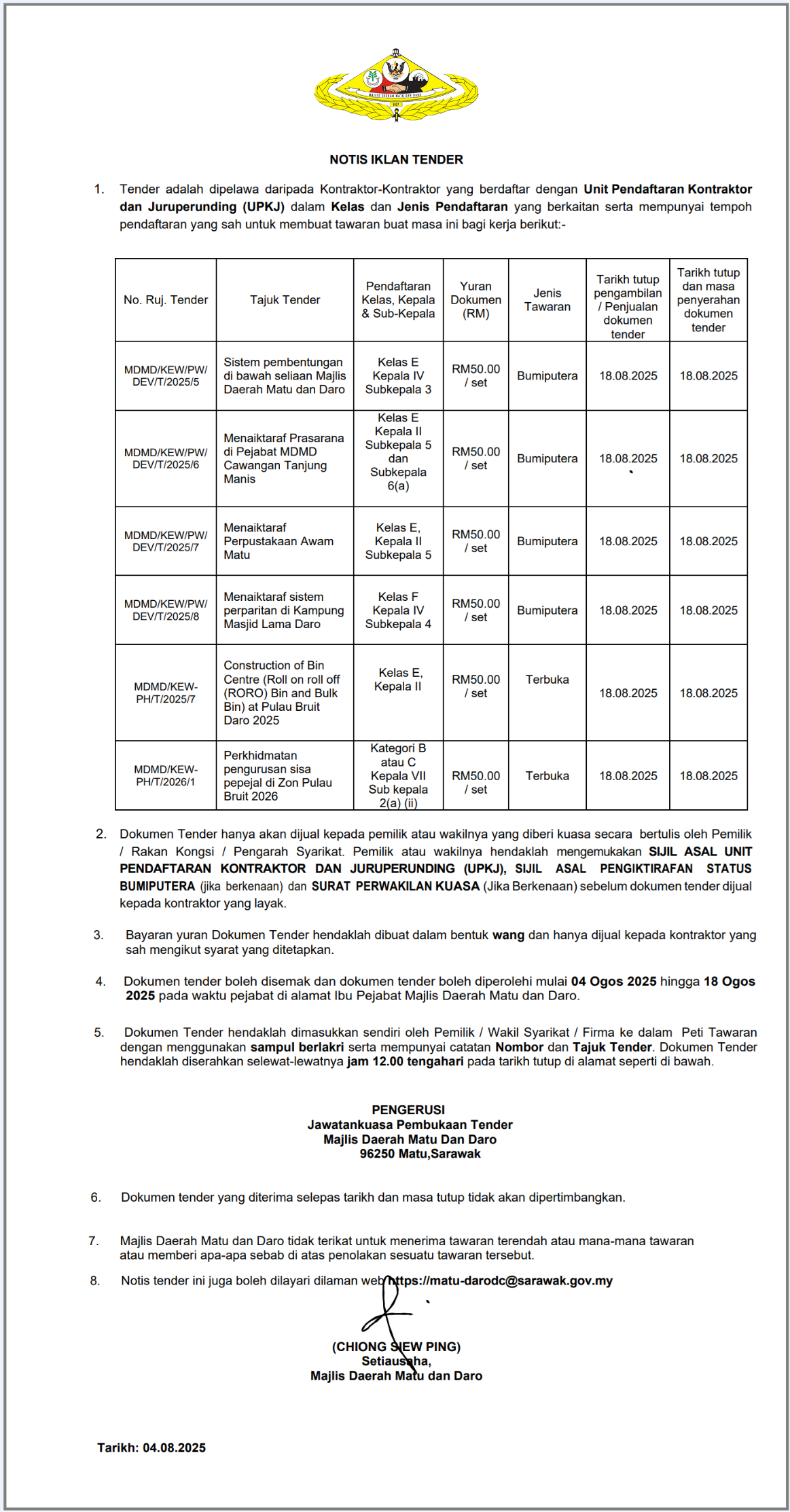 NOTIS TENDER 04.08.2025