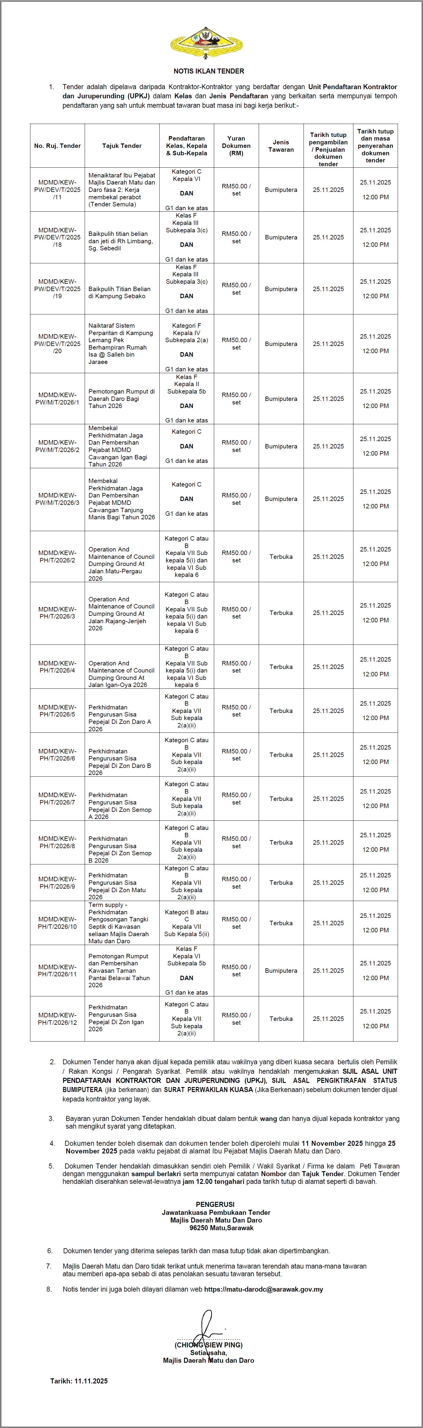 KENYATAAN TENDER NOVEMBER 2025